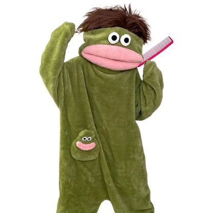 Big Mouth Monster Onesie Pajamas with Large Comb, Oversized Plush Fleece Hooded Jumpsuit for Halloween Party Loungewear