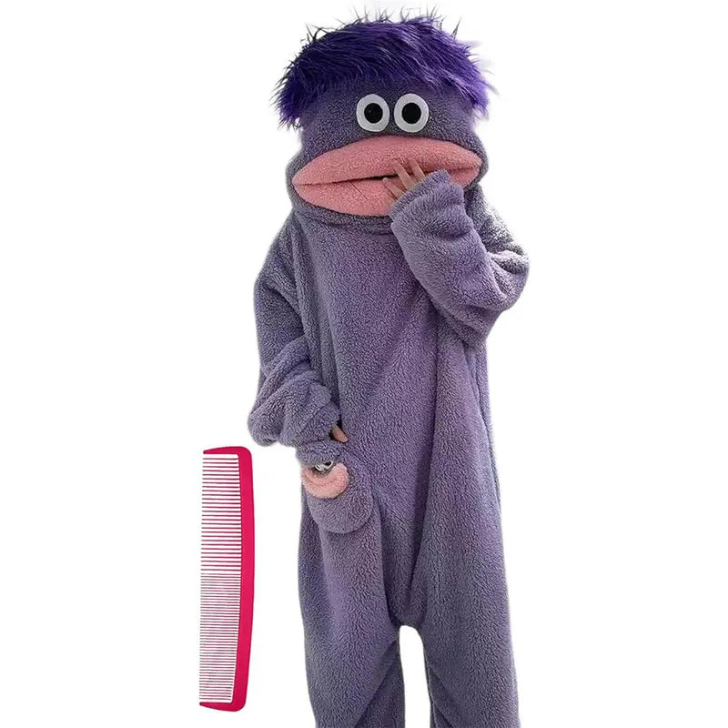 Big Mouth Monster Onesie Pajamas with Large Comb, Oversized Plush Fleece Hooded Jumpsuit for Halloween Party Loungewear