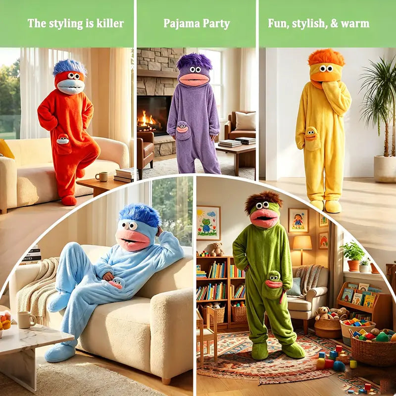 Big Mouth Monster Onesie Pajamas with Large Comb, Oversized Plush Fleece Hooded Jumpsuit for Halloween Party Loungewear