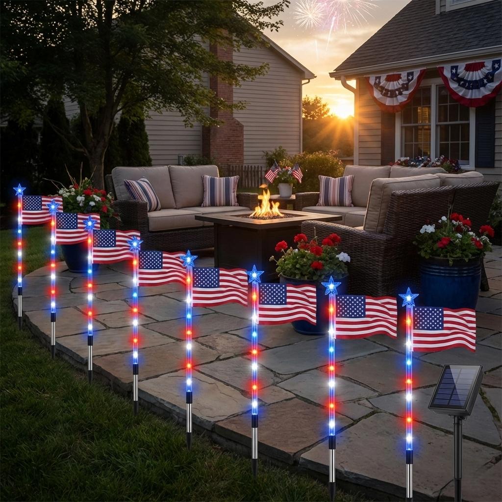 🚩8-Piece Flag Light Set – 4th of July Decorations with 8 Lighting Modes – 🎆Ideal for Independence Day Pathways, Gardens, and Yard Decor