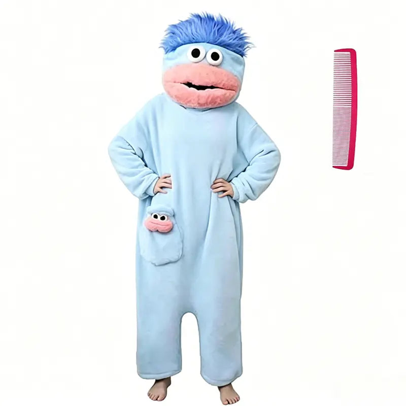 Big Mouth Monster Onesie Pajamas with Large Comb, Oversized Plush Fleece Hooded Jumpsuit for Halloween Party Loungewear
