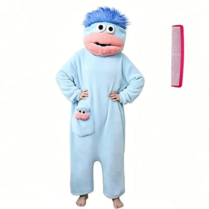 Big Mouth Monster Onesie Pajamas with Large Comb, Oversized Plush Fleece Hooded Jumpsuit for Halloween Party Loungewear