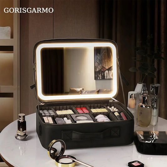 Travel Makeup Bag with LED Mirror & Adjustable Dividers