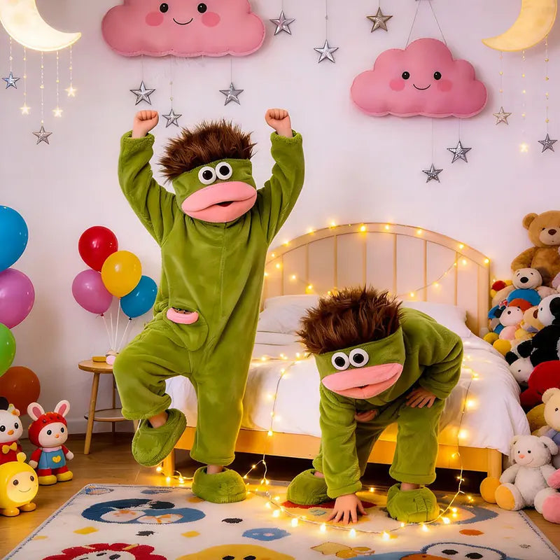 Big Mouth Monster Onesie Pajamas with Large Comb, Oversized Plush Fleece Hooded Jumpsuit for Halloween Party Loungewear
