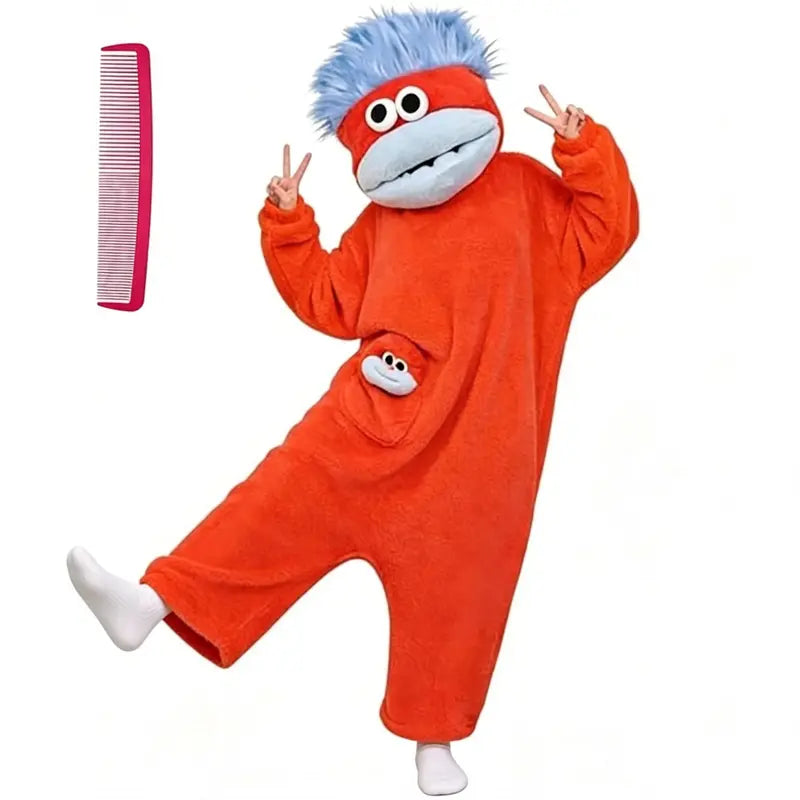 Big Mouth Monster Onesie Pajamas with Large Comb, Oversized Plush Fleece Hooded Jumpsuit for Halloween Party Loungewear