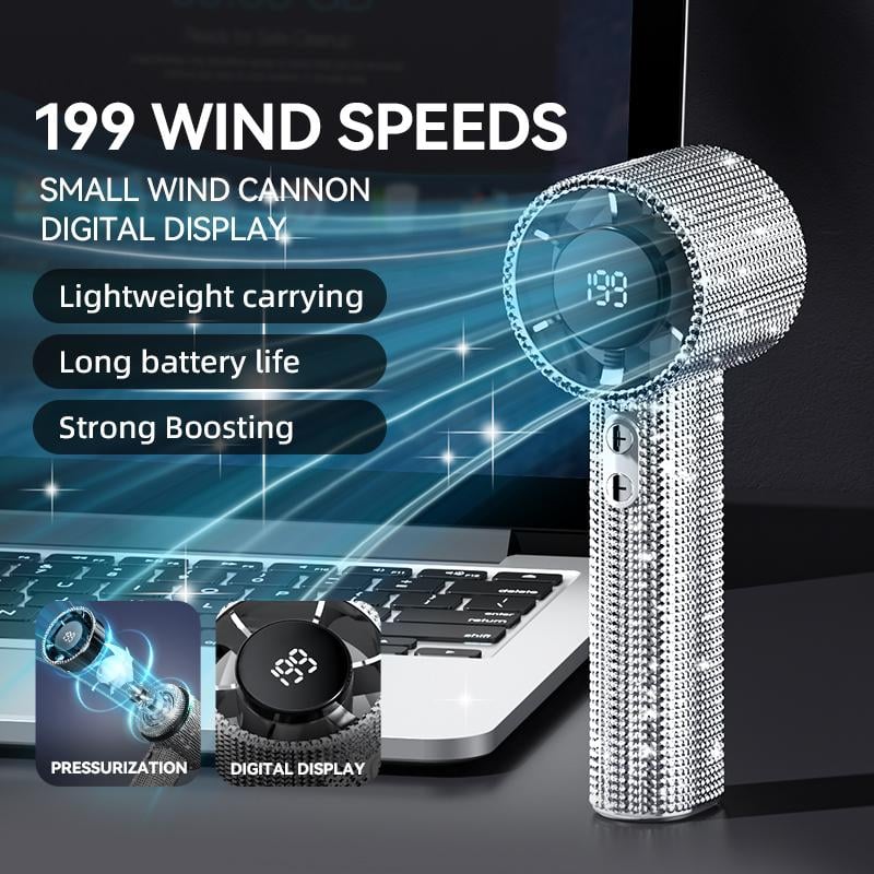 Diamond Luxury Handheld Turbo Fan – 3-Speed Rechargeable Mini Fan with Digital Display & Long Battery Life