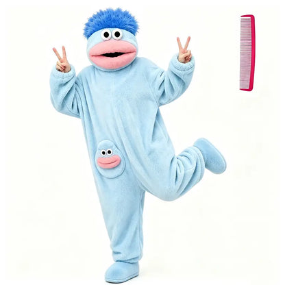 Big Mouth Monster Onesie Pajamas with Large Comb, Oversized Plush Fleece Hooded Jumpsuit for Halloween Party Loungewear
