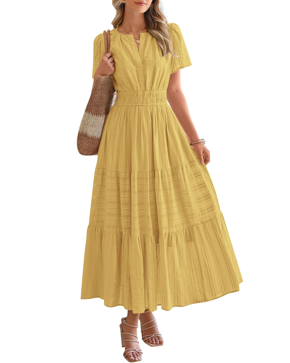 ⏰Hot Sale 50% OFF🎉Women's Lightweight Short Sleeve V Neck Elastic Waist Dress