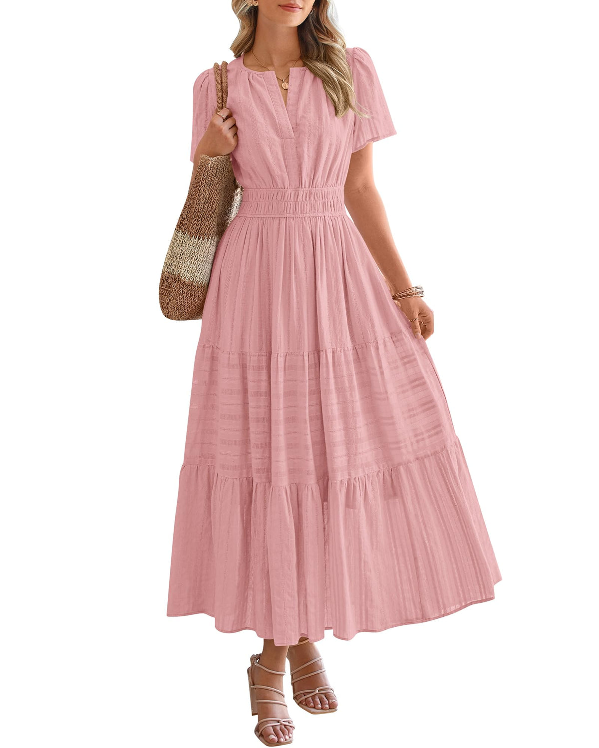 ⏰Hot Sale 50% OFF🎉Women's Lightweight Short Sleeve V Neck Elastic Waist Dress