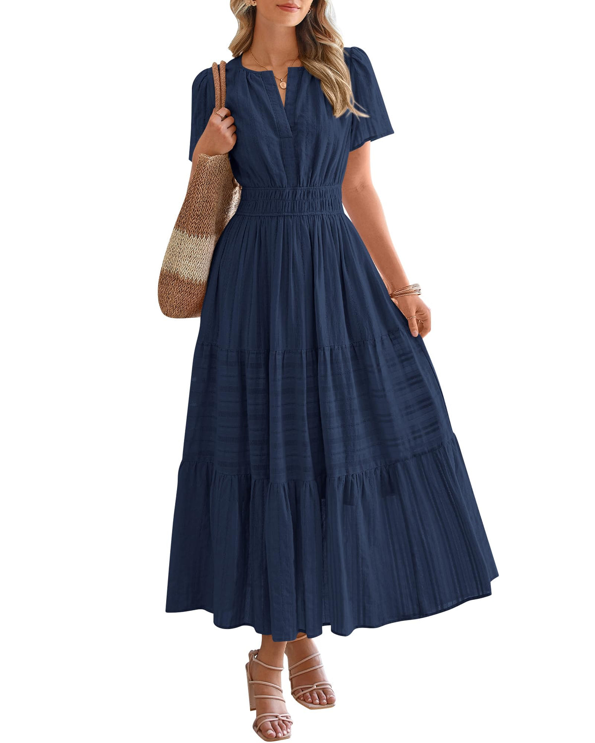 ⏰Hot Sale 50% OFF🎉Women's Lightweight Short Sleeve V Neck Elastic Waist Dress