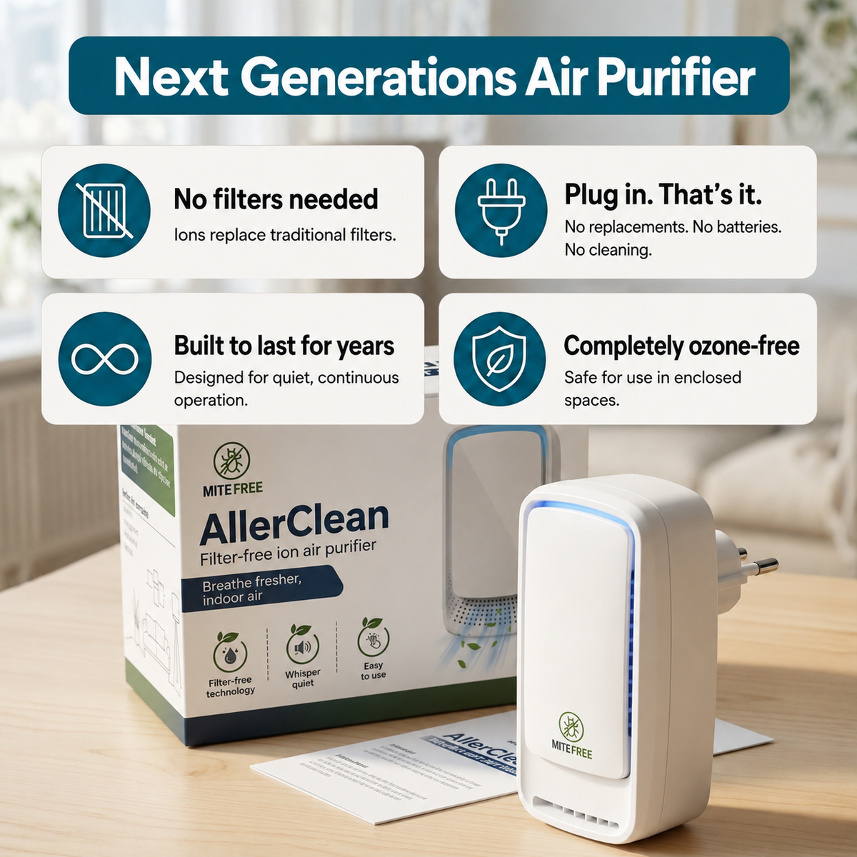 AllerClean™ – Plug-In Negative Ion Air Purifier | Breathe Easier, Sleep Better