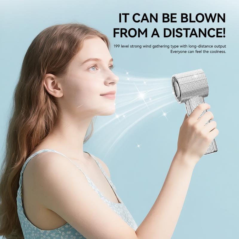 Diamond Luxury Handheld Turbo Fan – 3-Speed Rechargeable Mini Fan with Digital Display & Long Battery Life