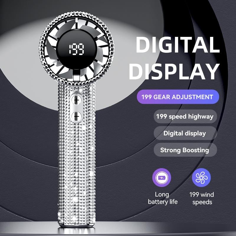Diamond Luxury Handheld Turbo Fan – 3-Speed Rechargeable Mini Fan with Digital Display & Long Battery Life
