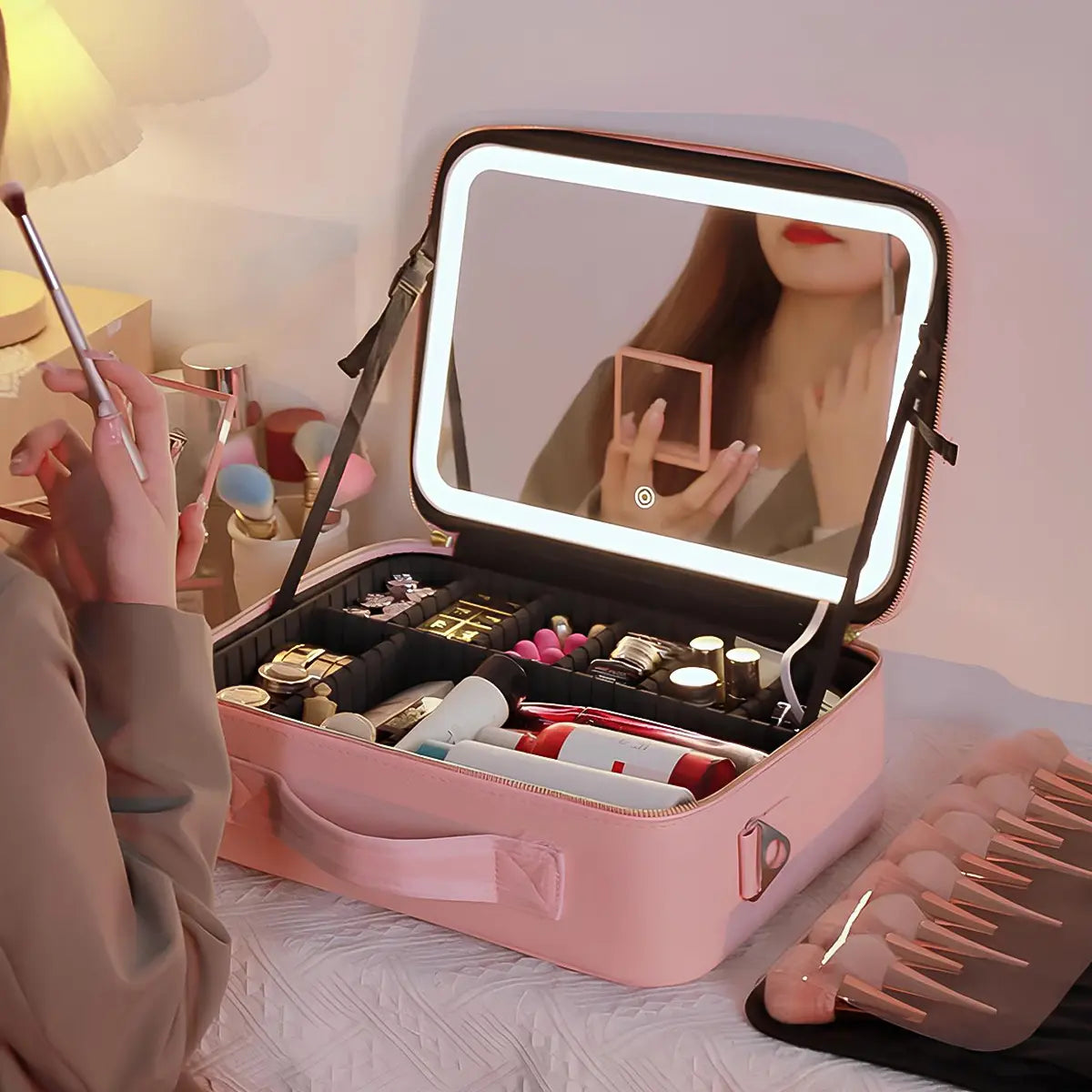 Travel Makeup Bag with LED Mirror & Adjustable Dividers